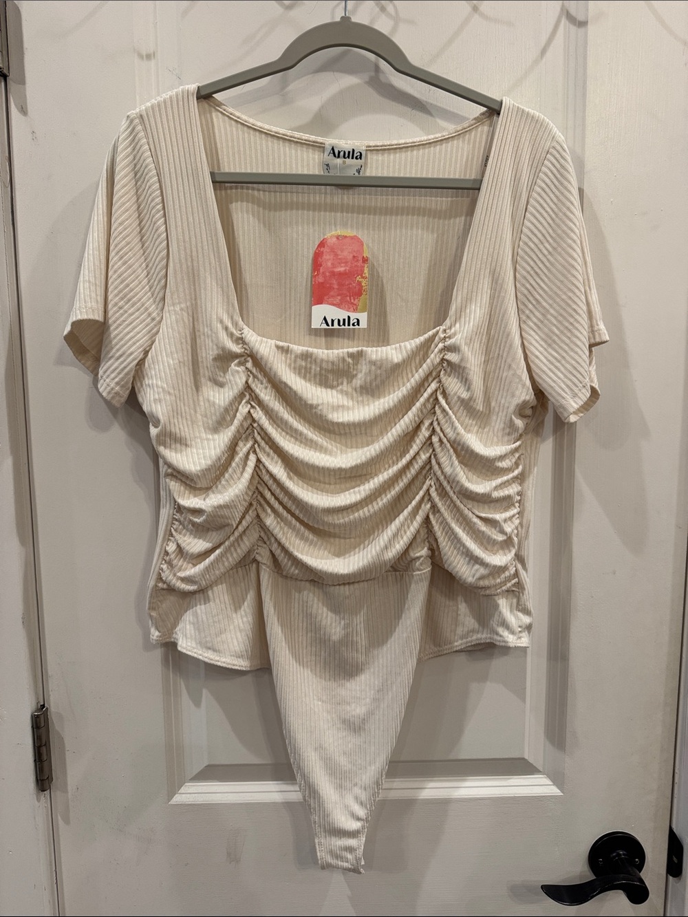 Arula Cream Ruched Square-Neck Soft Ribbed Bodysuit Size 2X